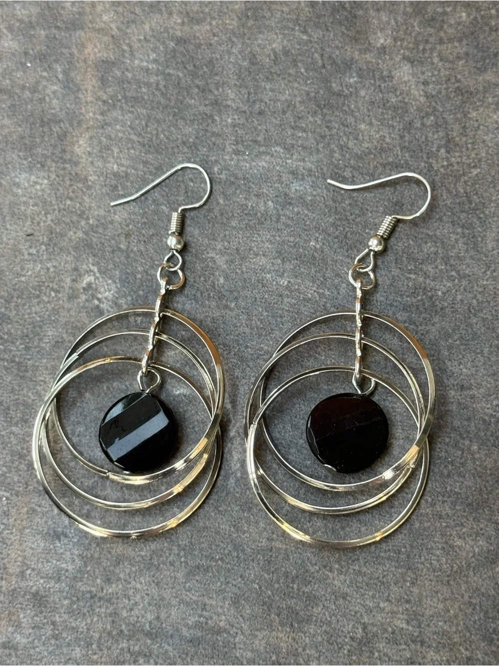 Gold and Silver Hoop Dangle Earrings with Black Stone
